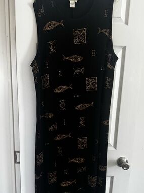 Vintage 90s Acetate Black Gold Fish Tribal Slinky Maxi Summer Dress Size 3X